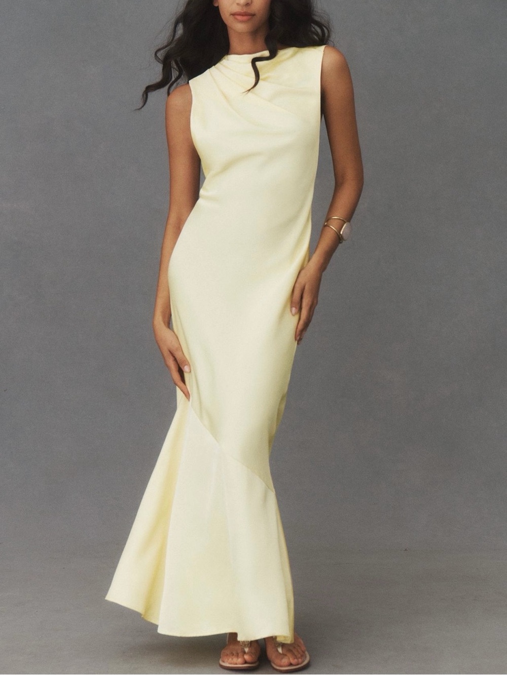 Significant Other Lana Cowl-Neck Tie-Back Satin Maxi Dress in Butter Yellow